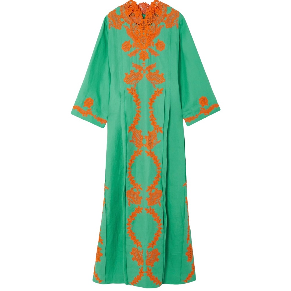 Gucci Linen Aqua Green Orange Embroidered Caribbean Kaftan Long Maxi Dress